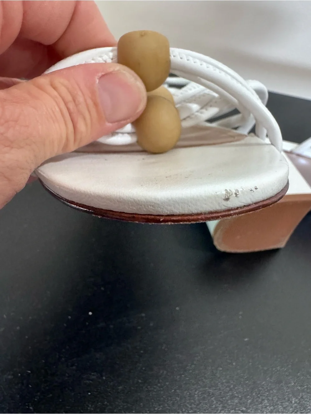SCHUTZ Roanna White Strappy Block Heel Sandles with Tan Bead Accents